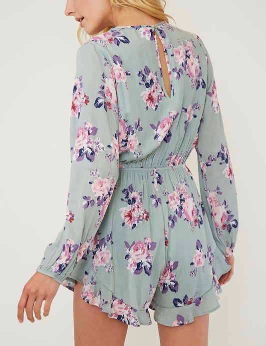 My Darling Floral Surplice Romper - Sage/Mauve