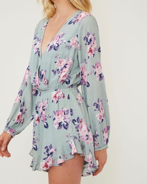 My Darling Floral Surplice Romper - Sage/Mauve