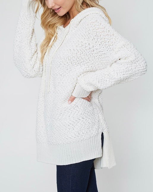 Boxy Fuzzy Long Sleeve Knit Hoodie in Ivory