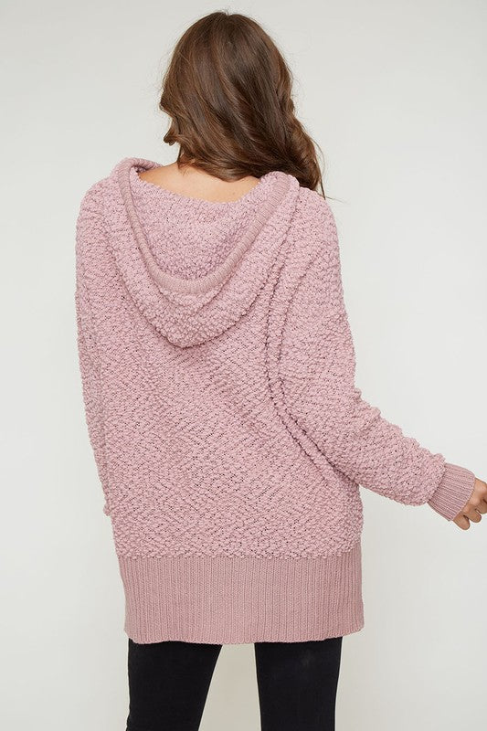 Boxy Fuzzy Long Sleeve Knit Hoodie in Mauve