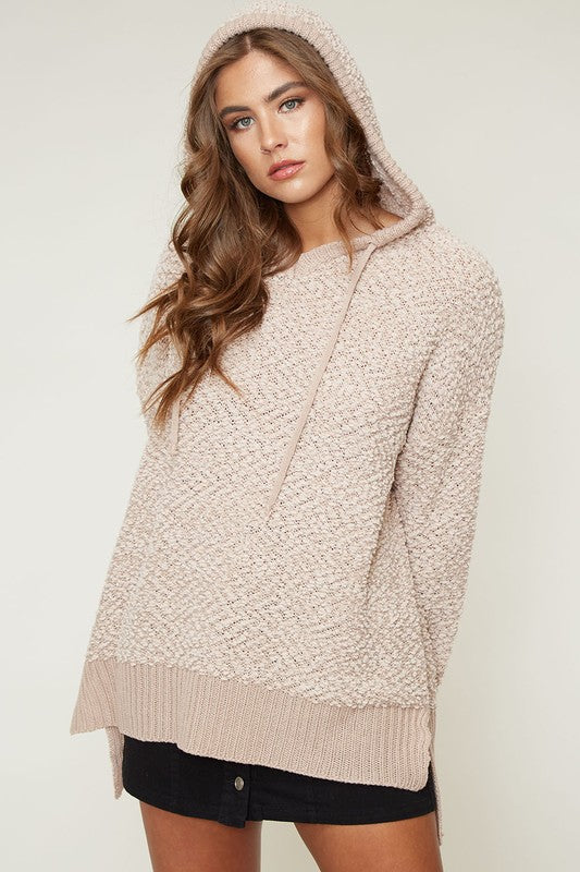 Boxy Fuzzy Long Sleeve Knit Hoodie in Taupe