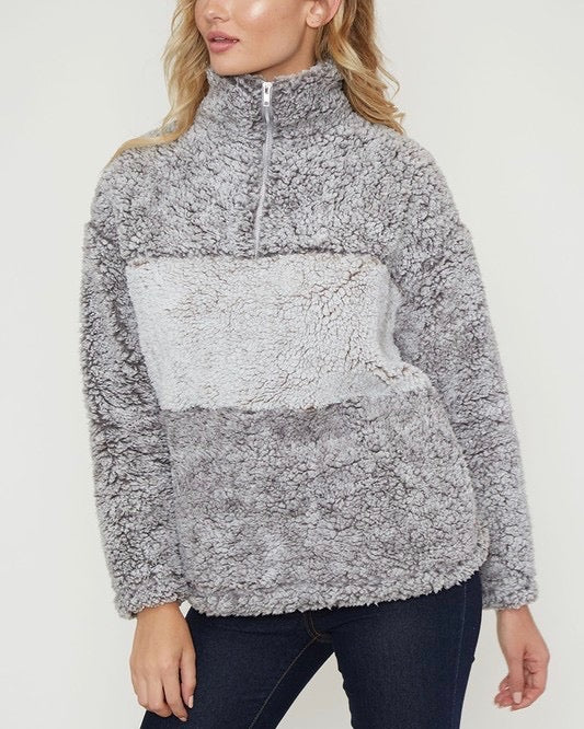 Colorblock Two Tone Sherpa Half-Zip Pullover - Grey/Mocha