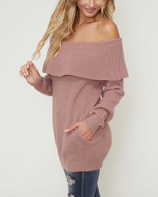 Essential Off The Shoulder Ribbed Knit Sweater with Pockets in Mauve