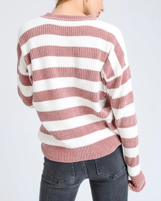 Final Sale- Chenille Stripe Mauve White Lightweight Knit Sweater