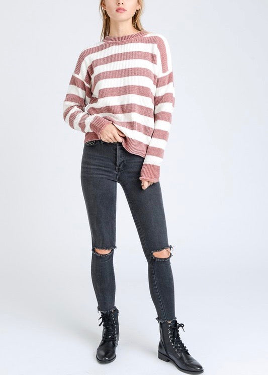 Final Sale- Chenille Stripe Mauve White Lightweight Knit Sweater