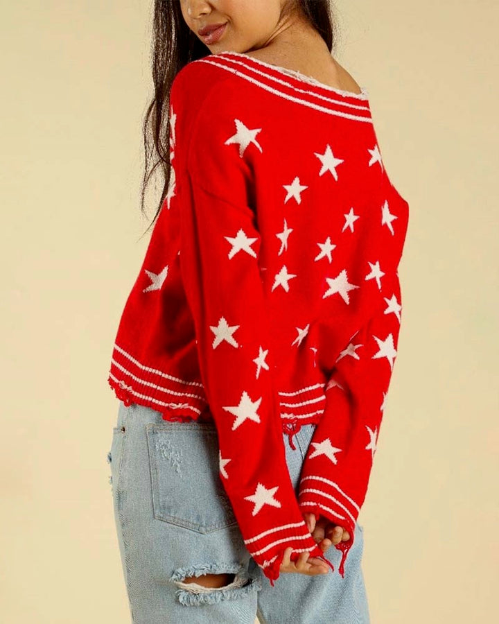 Wild Honey - Distressed V-Neck Star Knit Sweater - More Colors