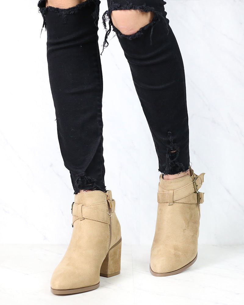 A Grand Entrance Faux Suede Ankle Bootie With Buckle Detail in More Colors