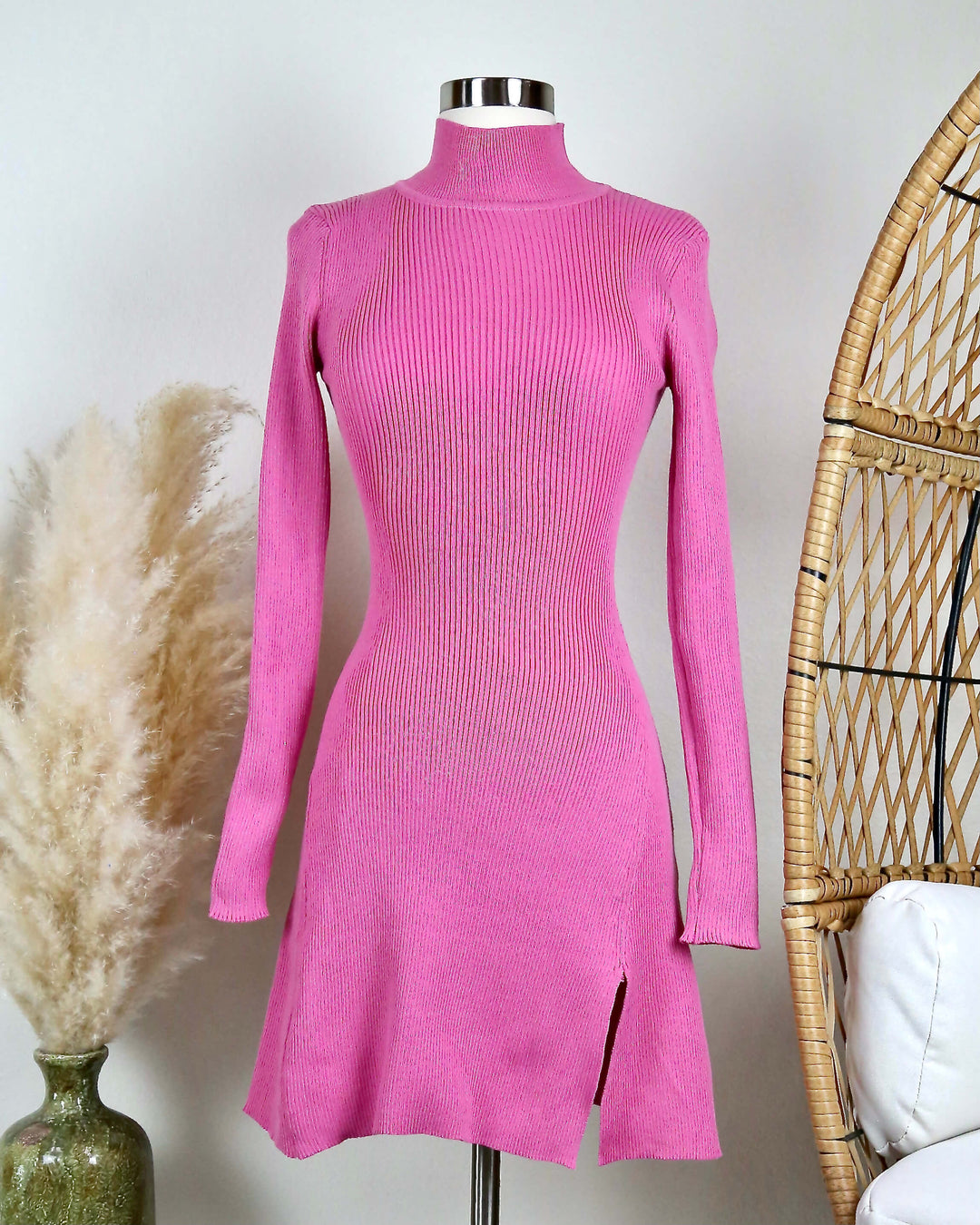 ribbed - long sleeve - sweater dress - turtleneck - mock neck - body con - side slit - magenta