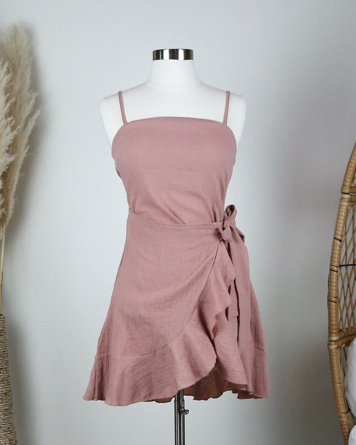 wrap dress - ruffle hem - waist tie - dusty pink