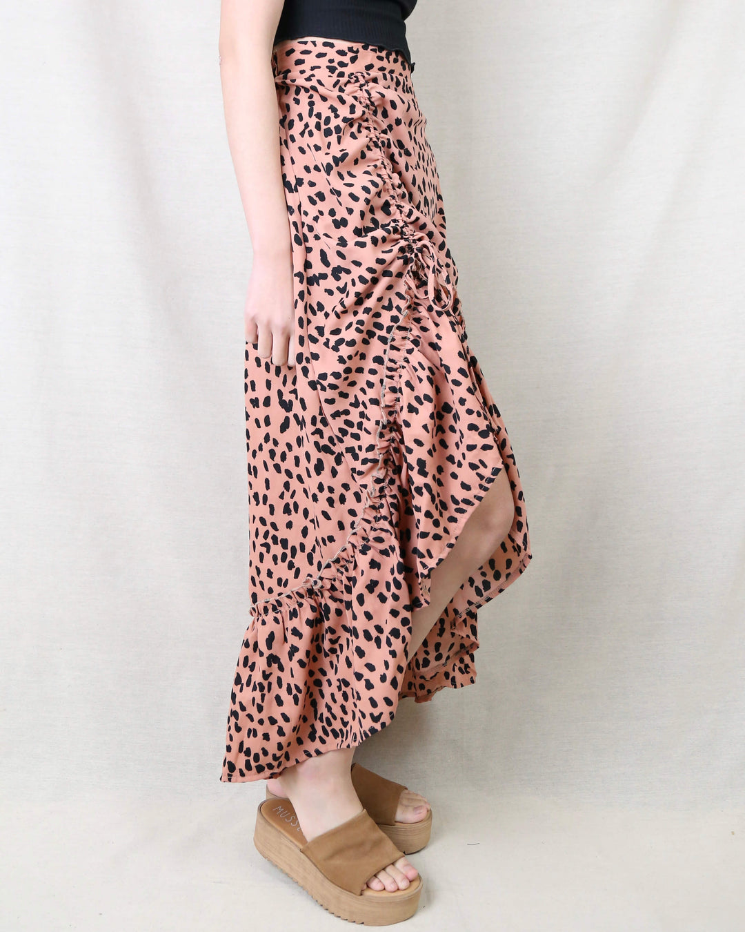 Animal Print Side Ruched Maxi Skirt in Rust