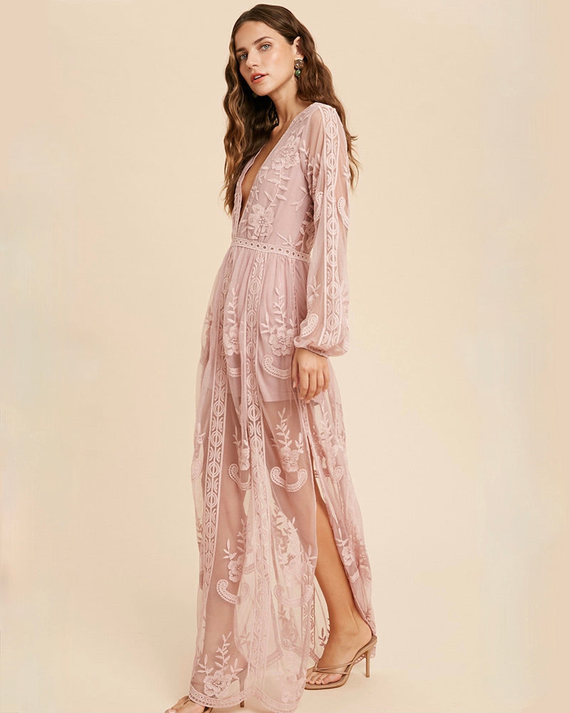 As You Wish Balloon Long Sleeve Embroidered Maxi Dress in More Colors