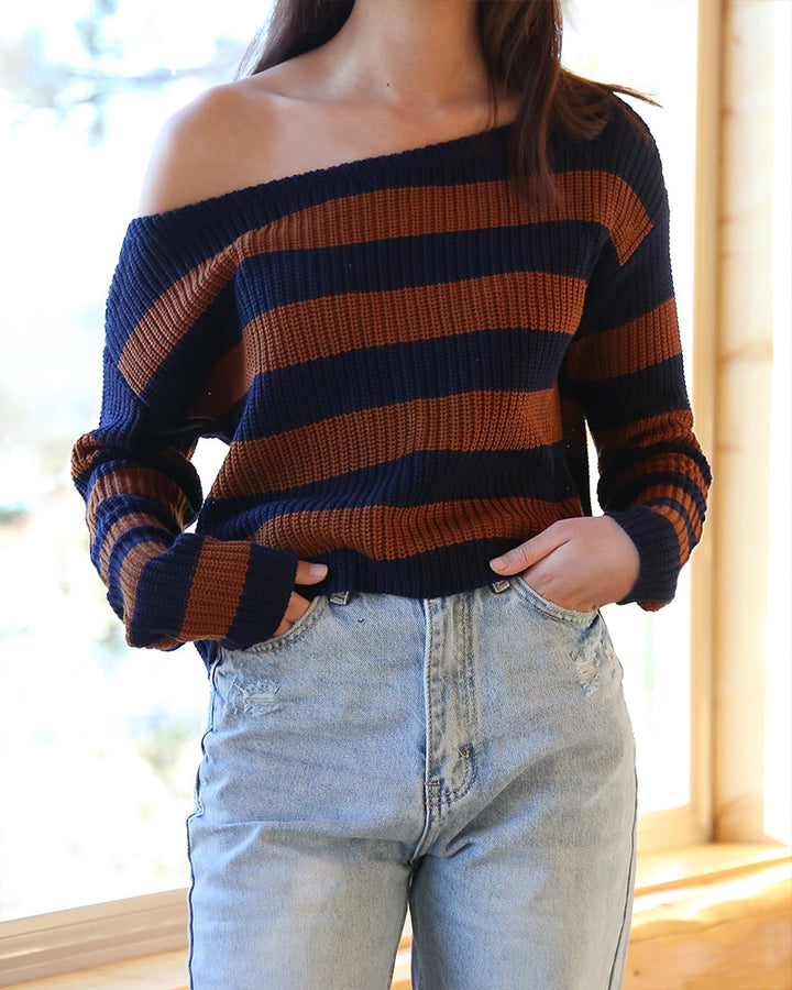 Cotton Candy LA - Off the Shoulder Striped Cropped Women's Sweater in Navy