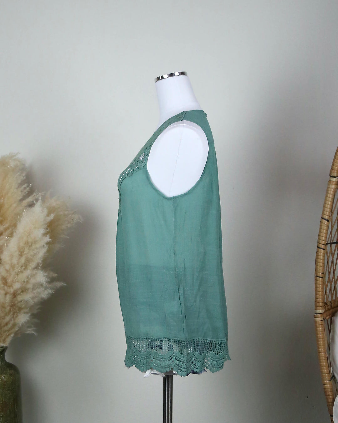 Crochet Lace Gauzy Sleeveless Tank Top in Jade