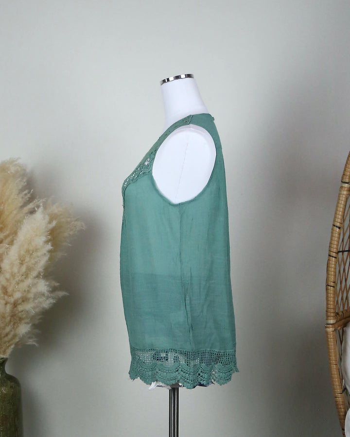 Crochet Lace Gauzy Sleeveless Tank Top in Jade