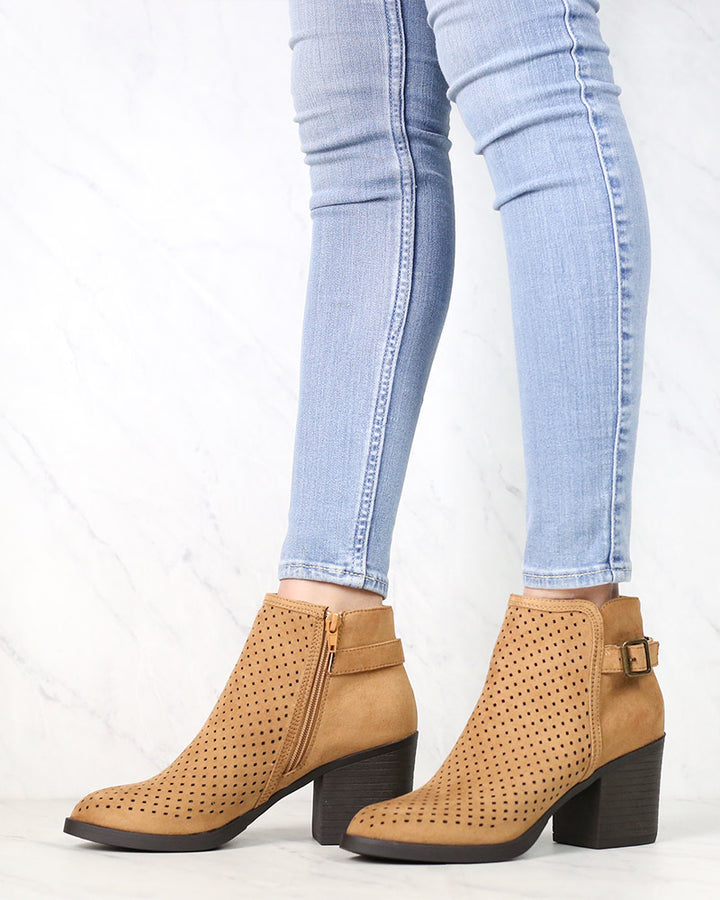 Diamond Perforated Back Buckle Faux Suede Ankle Bootie in Tan