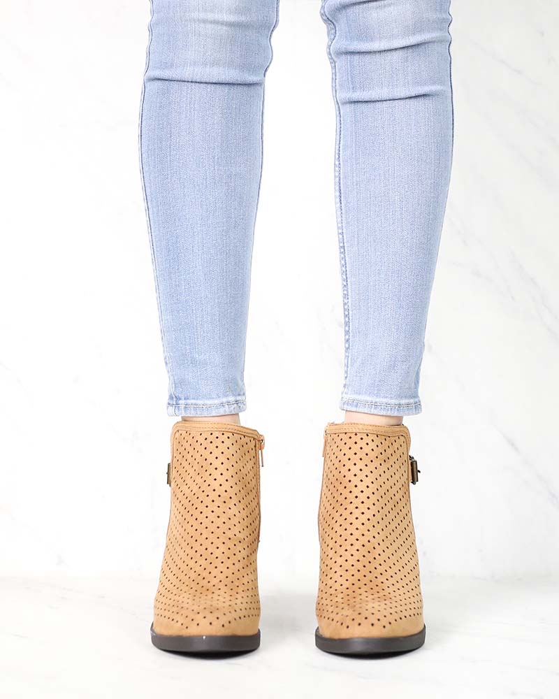 Diamond Perforated Back Buckle Faux Suede Ankle Bootie in Tan