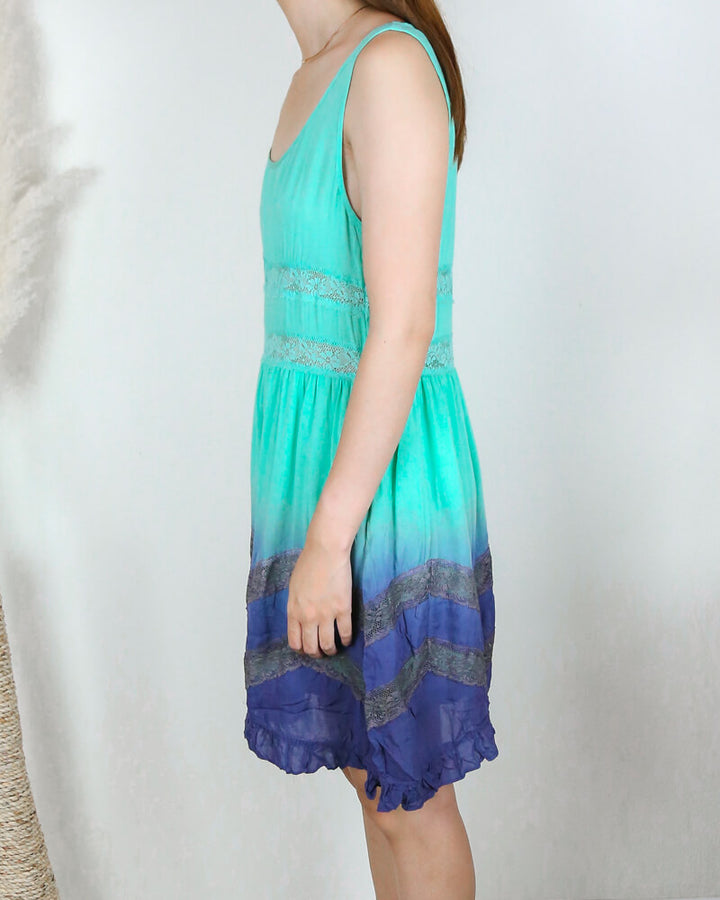 Dip Dye Boho Lace Trim Trapeze Slip Dress in Mint and Navy