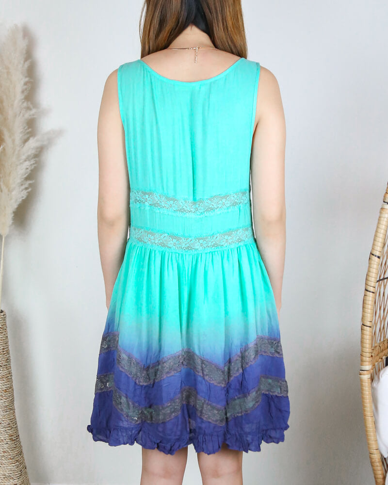 Dip Dye Boho Lace Trim Trapeze Slip Dress in Mint and Navy