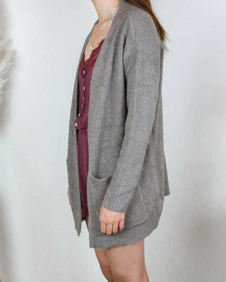 Dreamers - Lapel Detail Fuzzy Open Front Cardigan in Mocha