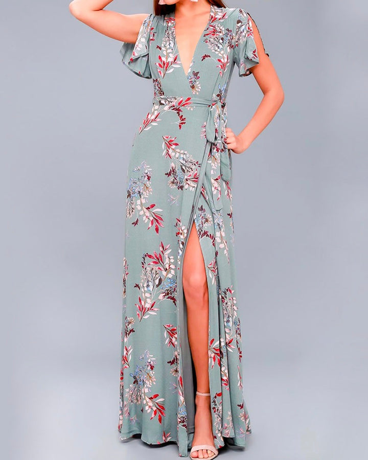 Floral Print Surplice Maxi Dress in Sage