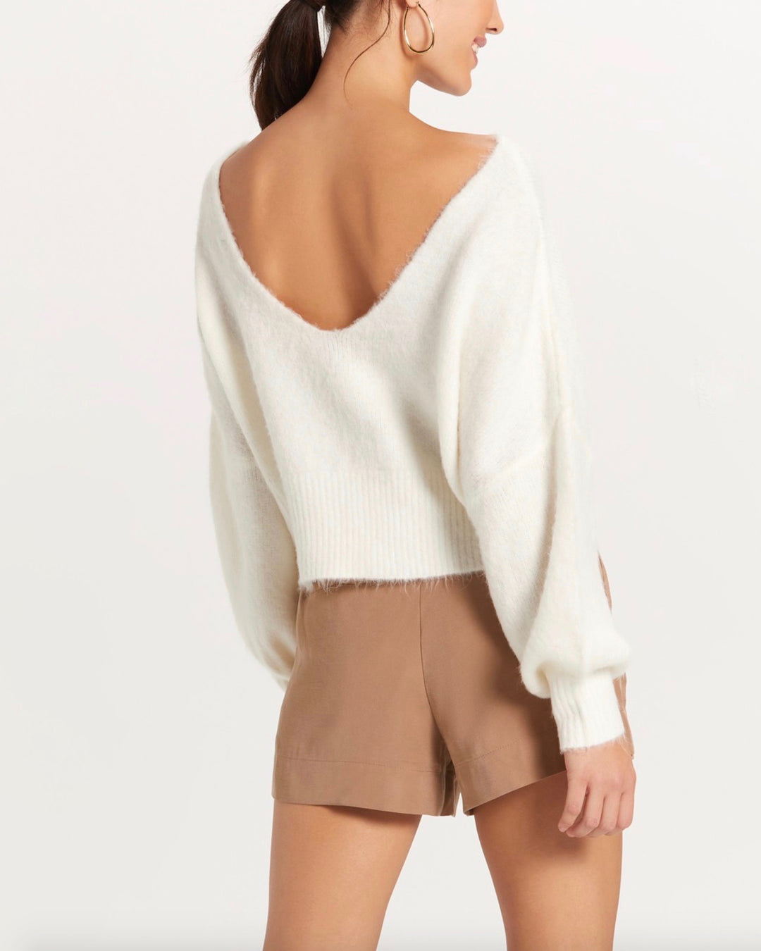 Francesca Fuzzy Knit Off The Shoulder Cropped Sweater in Ivory