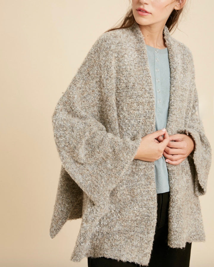 Fuzzy Open Front Kimono Knit Cardigan in Taupe Combo