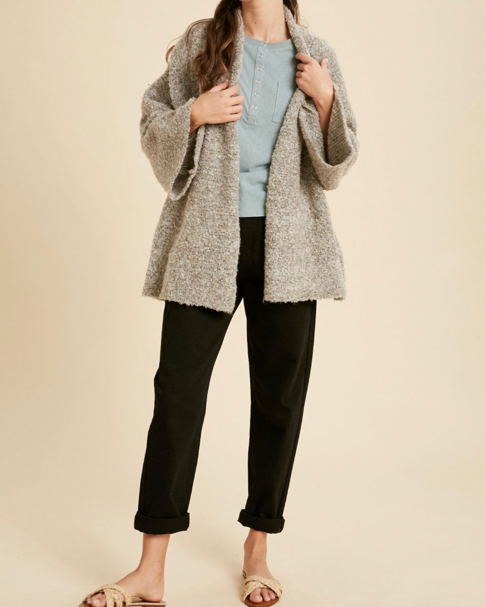 Fuzzy Open Front Kimono Knit Cardigan in Taupe Combo