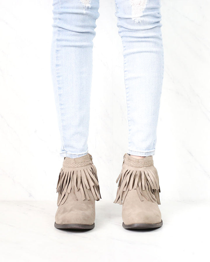 Faux Suede Fringe Western Inspired Boho Ankle Booties in Taupe