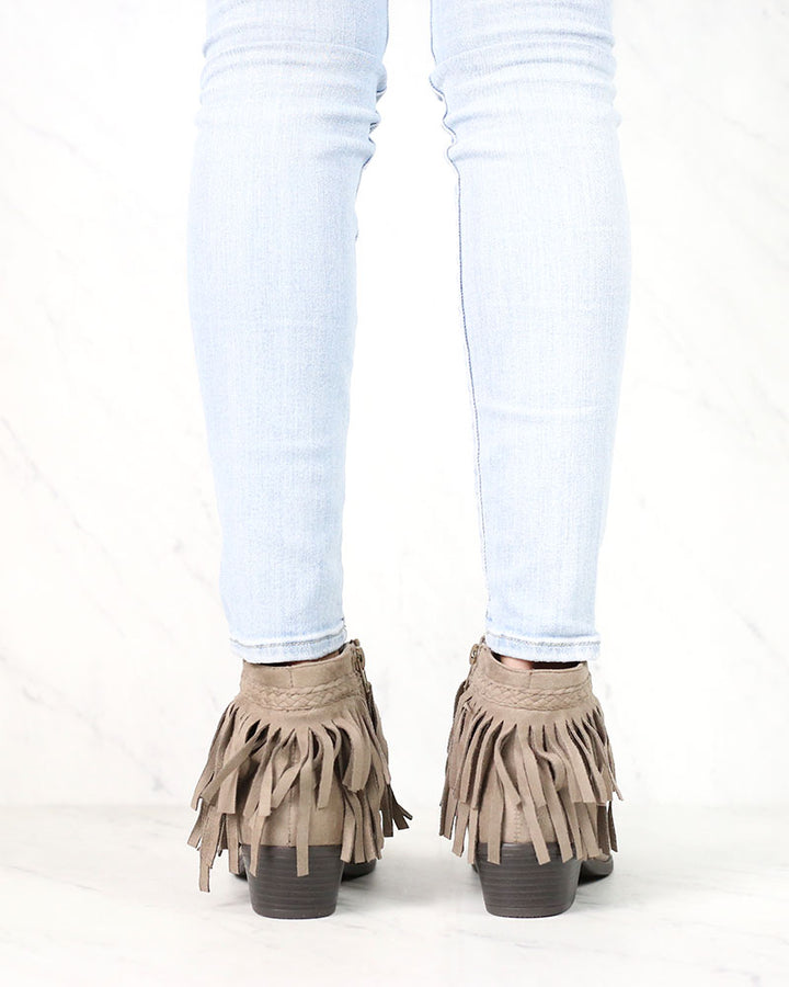 Faux Suede Fringe Western Inspired Boho Ankle Booties in Taupe