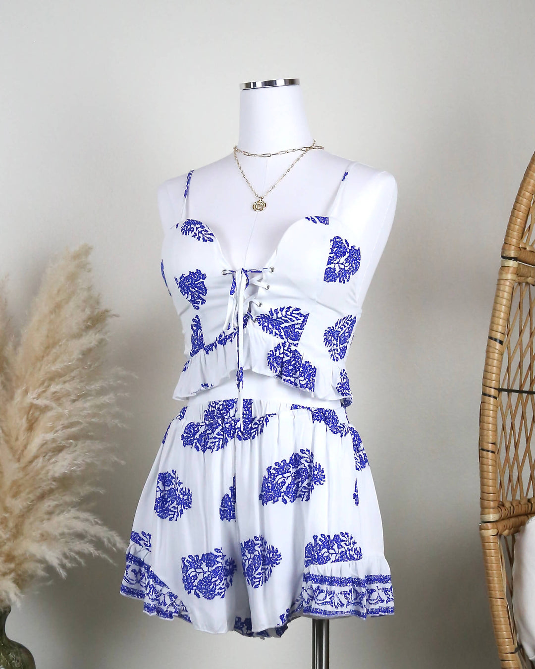 Final Sale - Festival Shop - Boho Print Two Piece Set - White/Blue