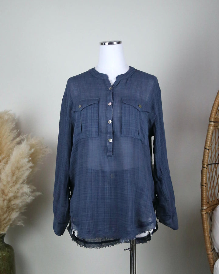 free people - semi sheer - button down - lightweight - blue