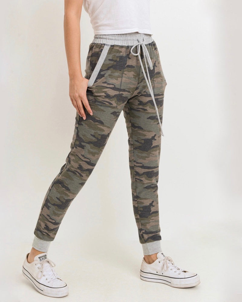 Camo Print Joggers with Elasticized Drawstring Waist in Green/Grey