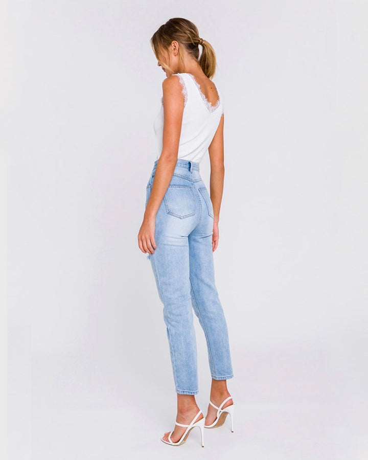 Heather High Waisted Distressed Mom Jeans in Denim