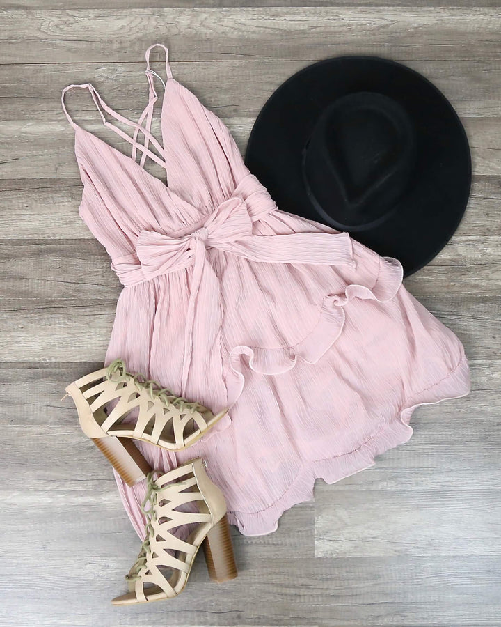 Sabrina Sleeveless Ruffle Trim Criss Cross Dress in Blush