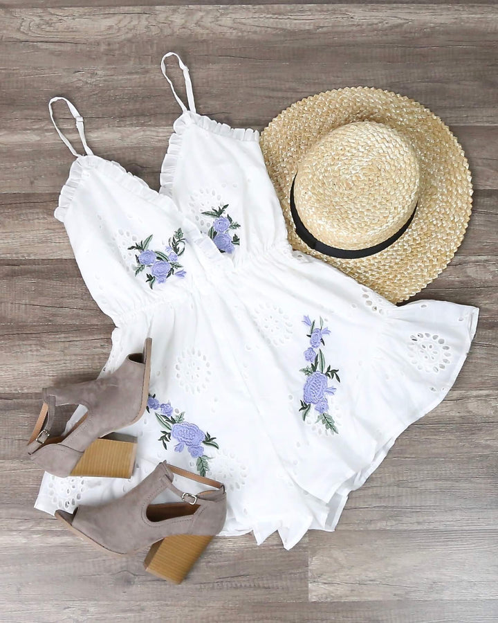 Floral Applique & Eyelet Romper - White