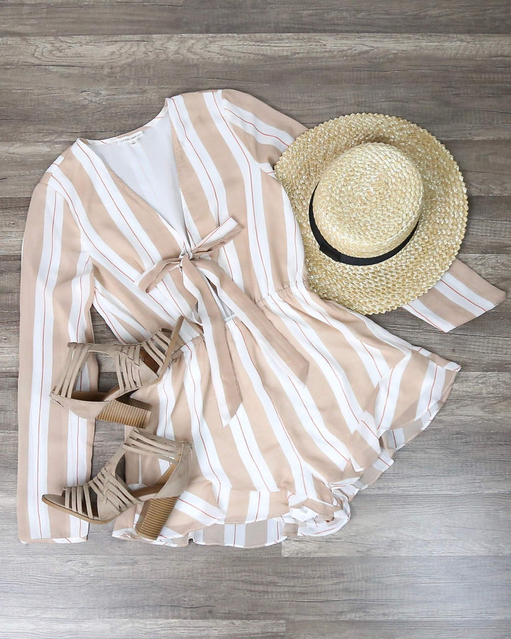 Cotton Candy LA - Saint Tropez Stripe Chiffon Ruffle Hem Romper - Sand