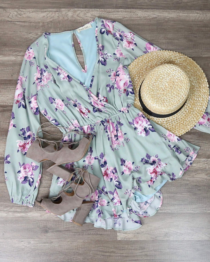 My Darling Floral Surplice Romper - Sage/Mauve