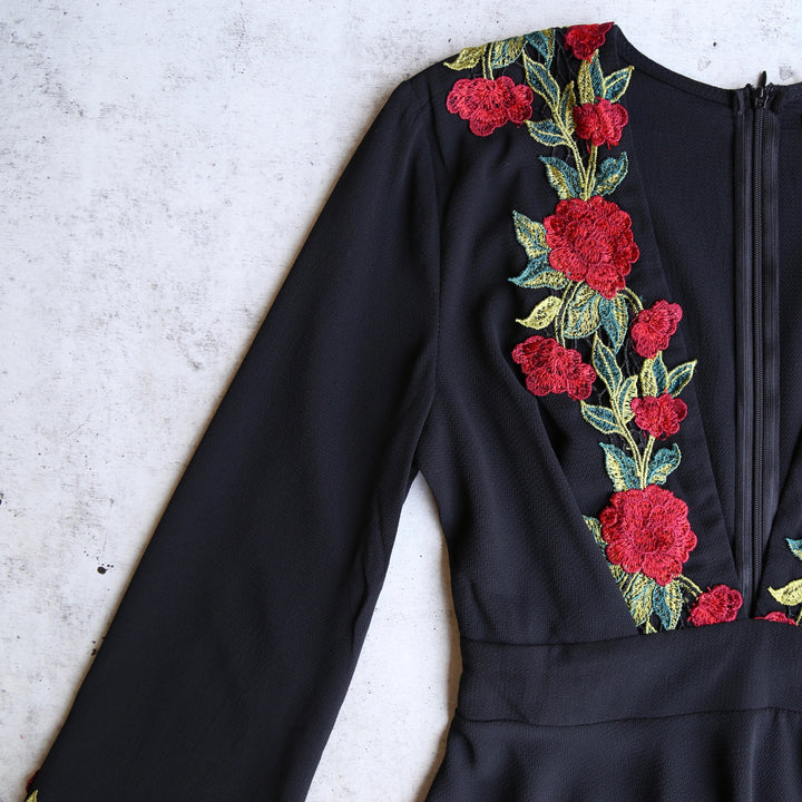 Waste the Night Long Sleeve Dress with Rose Patches in Black