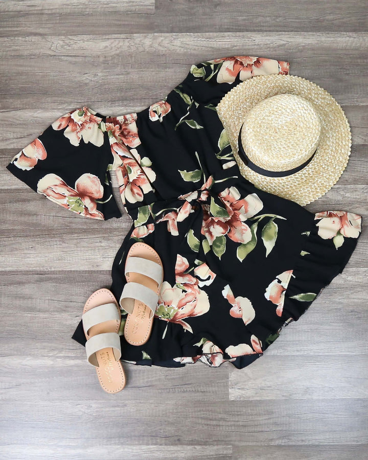 Final Sale - Reverse - Do Me A Favor Off the Shoulder Floral Romper in Black/Multi