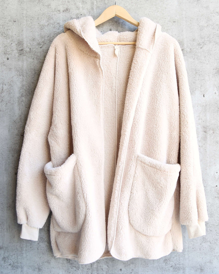 Open Front Faux Fur Sherpa Cardigan With Hoodie in Taupe