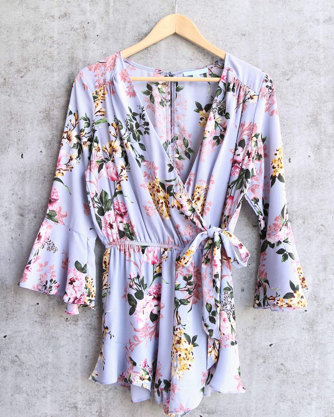 Final Sale - Flare Sleeve Floral Print Romper in Misty Blue