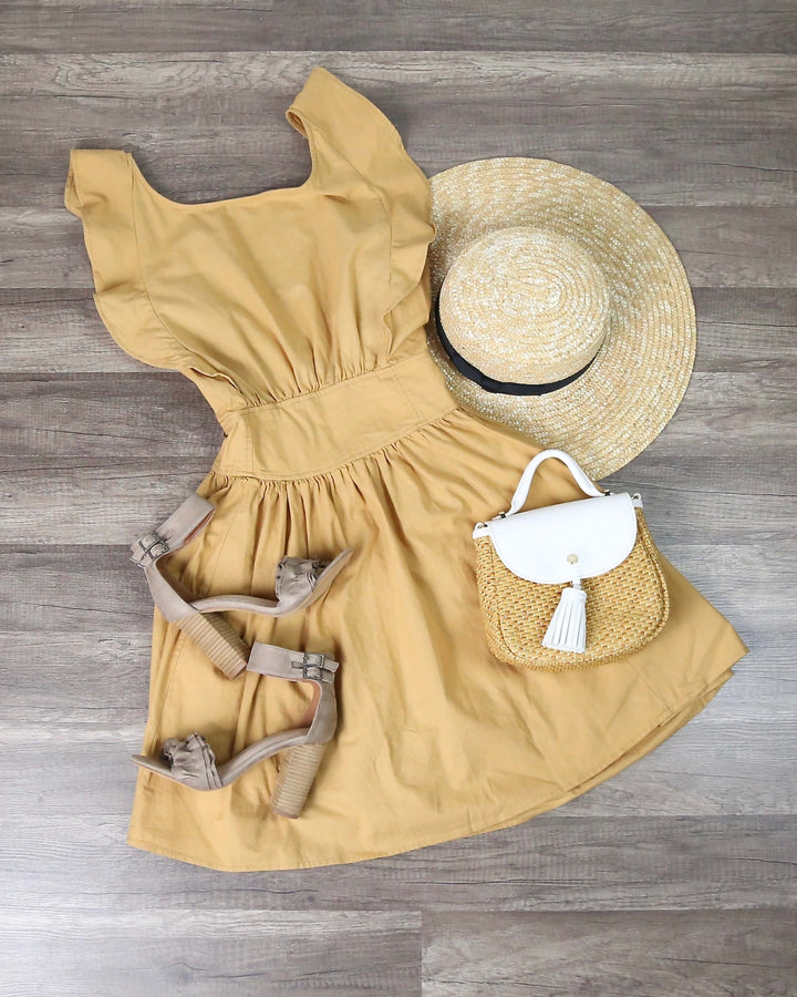 Open Bow Back Cotton Fit and Flare Mini Dress - Mustard