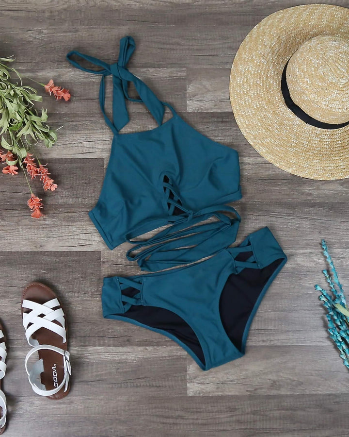 Final Sale - Minkpink - Oceans Criss Cross Bikini Separates in Dark Teal