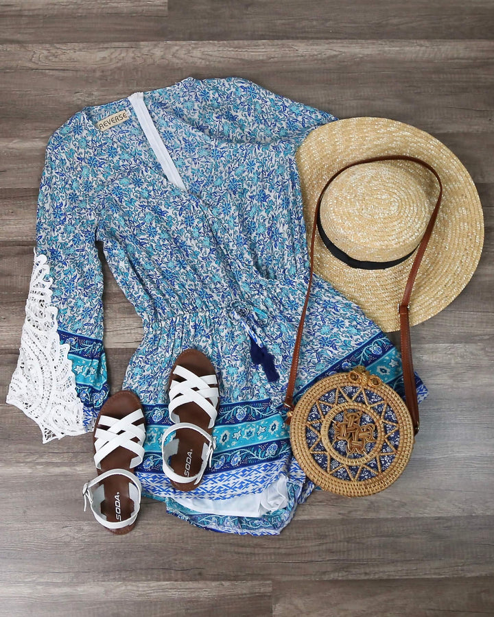 Reverse - Aqua Blue Boho Print Romper with Crochet Lace Bell Sleeves