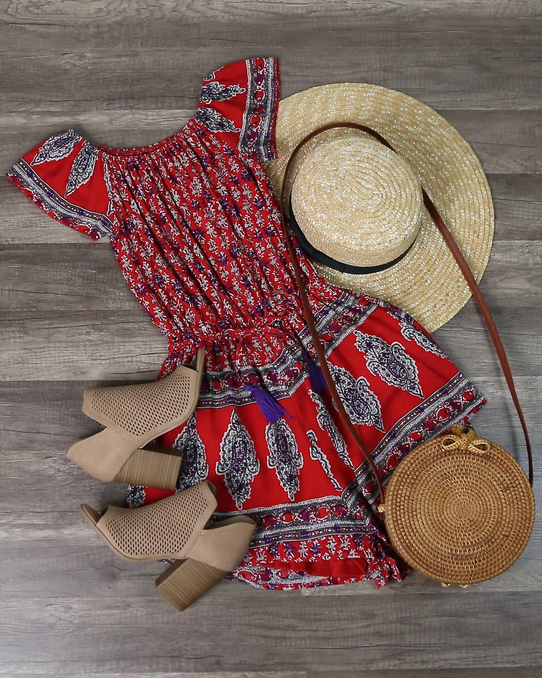 Final Sale - Reverse - Strapless Off The Shoulder Boho Print Romper in Red