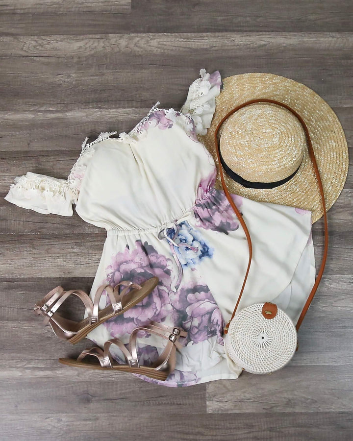 Pastel Floral Print Off The Shoulder Strapless Romper in Cream