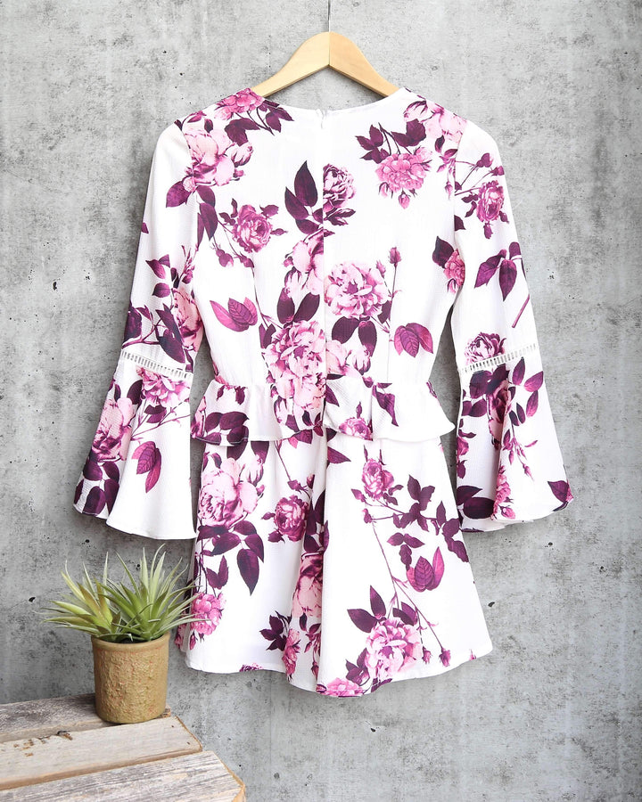 Final Sale - Floral Romper with Bell Sleeves - white/purple