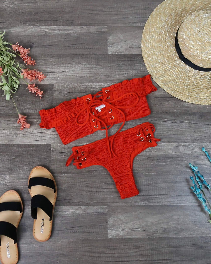 California Girl - Off The Shoulder Smocked Bikini Set in Blood Orange