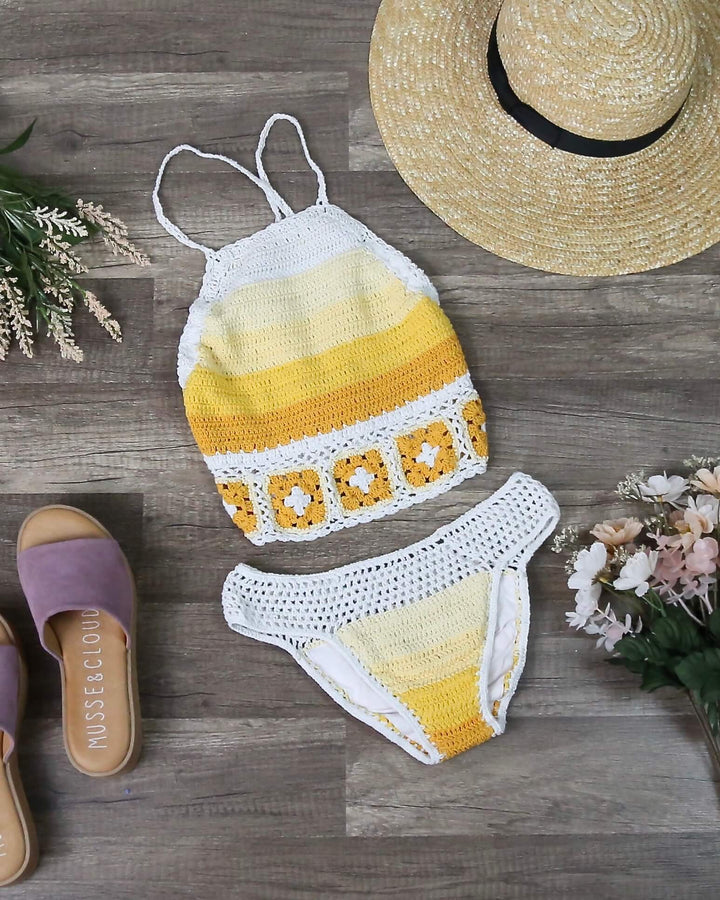 Final Sale - Never Be The Same Crochet Mosaic Bikini Set in Yellow