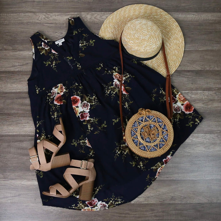 Navy Floral Sleeveless Dress